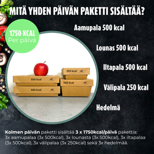 1750 kcal/päivä - 3 päivän ateriat - 27 euroa per päivä